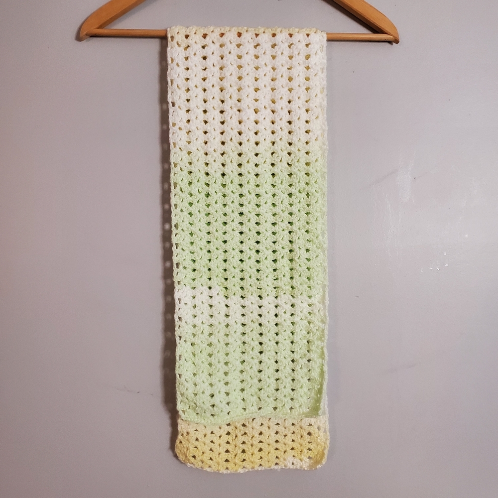 Handmade crochet scarf pastel yellow, reen, white soft cozy intricate